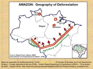 Mapa de expansão do desflorestamento. Fonte: Michael J. Shean - Production Estimates and Crop Assessment
Division - Foreign Agricultural Service (FAS) – United States Department of Agriculture (USDA) – 13 de janeiro
de 2004 – disponível em: http://www.fas.usda.gov/pecad/highlights/2004/01/Amazon/Amazon_soybeans.htm
 