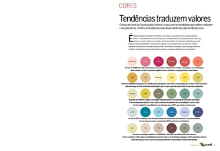 Cores

Tendências traduzem valores
O leque de cores da Suvinil ajuda a renovar a casa com as tonalidades que melhor traduzem
o seu jeito de ser. Confira as tendências mais atuais dentro de cada família de cores



           É
                 intrigante imaginar de onde vêm as tendências. Elas surgem, essencialmente, do comportamento das
                 pessoas. “As tendências de cores não resultam de um trabalho intuitivo, mas de pesquisas sobre tudo o que
                 acontece no mundo e influencia as escolhas”, afirma Karina Walter, Coordenadora de Marketing da Suvinil.
           Diante das muitas possibilidades de que dispomos, algumas cores se destacam em suas diferentes “famílias”
           traduzindo mais fortemente as tendências do momento. Ao escolher as tonalidades, você pode seguir diferentes
           caminhos, o importante é que elas representem os desejos e sensações pretendidos para cada ambiente.




           Quartzo Rosa           D 104               R 102            Tomate Seco          Vermelho              D 112
                                                                                            Cardinal


      Os tons de vermelhO estão mais intensos, mas recebem a influência dos rosados e alaranjados. A cor de destaque
              deste caminho é a D112, um perfeito equilíbrio entre o vermelho e o laranja presente na flor hibisco.


              P 033               C 032             Raio de Sol           C 025               E 039               E 138



 Dentro dos AmArelOs podemos ver a influência dos alaranjados e dos verdes, com destaque para os tons de mel e mostarda,
       além da energia do e039, de intensa luminosidade, que é a maior aposta da suvinil entre os amarelos, atualmente.



            Chá Verde             P 040               P 145               E 055               E 061               Z 047



           No grupo dos verDes, ecologia e tecnologia caminham juntas na construção de um mundo sustentável.
            Tons extremamente naturais, como o oliva, convivem em harmonia com os tecnológicos, como o fendi.
                 O verde-azulado traz sua influência, com destaque para a Z047, que remete à cor do oceano.


              A 076               R 070               B 079               E 080             Hortênsia             P 086



           Os tons de AZul caminham numa atmosfera aquosa até alcançarem cores intensas e com personalidade.
                           Com um toque de verde, o azul petróleo r070 revela esta nova tendência.


              Linho               C 166               C 175               P 175               D 164               D 158



                 Presentes em qualquer tendência, os mArrONs e NeuTrOs são influenciados pela natureza.
   A terra, o bambu e o linho regem as tonalidades do marrom, como a cor de destaque do grupo, o C175, enquanto os neutros
               estão mais opacos e ricos, como os cinzas que perderam o tom prateado e ficaram mais quentes.


                                                                                                         ESPECIAL            | 3
 