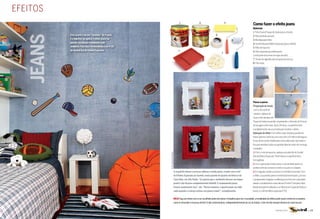 eFeiTos
                                                                                                      1                    4                            5
                                                                                                                                                                                     Como fazer o efeito jeans
                                                                                                                                                                                     materiais
                                                                                                                                                                                     1. Tinta suvinil Toque de seda (para o fundo)
                       este quarto é de um “mocinho” de 6 anos.


               jeans   e o objetivo, ao aplicar o efeito jeans na
                       parede, era deixar o ambiente mais
                       moderno. Para isso, foi escolhida a cor r 151
                       do suvinil Gel de efeitos especiais.                                          3
                                                                                                                                             8
                                                                                                                                                                         6
                                                                                                                                                                                     2. rolo de lã de carneiro
                                                                                                                                                                                     3. bandeja para tinta
                                                                                                                                                                                     4. suvinil Gel para efeitos especiais (para o efeito)
                                                                                                                                                                                     5. rolo de espuma
                                                                                                                                                                                     6. rolo especial para efeito jeans
                                                                                                                                                    7
                                                                                                                                                                                     (você pode encontrar em lojas de arte)
                                                                                                                                                                                     7. Tecido de algodão para limpeza da escova
                                                                                                                                                                                     8. Fita crepe

                                                                                                                                                                                                   1                              2




                                                                                                                                                                                                                                  3

                                                                                                                                                                                     Passo-a-passo
                                                                                                                                                                                     Preparação do fundo:
                                                                                                                                                                                     com o rolo de lã de
                                                                                                                                                                                     carneiro, aplique de
                                                                                                                                                                                     duas a três demãos de
                                                                                                                                                                                     Toque de seda na parede, respeitando o intervalo de 4 horas
                                                                                                                                                                                     de secagem entre elas. após 24 horas, a superfície está
                                                                                                                                                                                     completamente seca e pronta para receber o efeito.
                                                                                                                                                                                     Aplicação do efeito: Com a fita crepe, divida a parede em
                                                                                                                                                                                     faixas (planos) verticais com cerca de 1,10 metros de largura.
                                                                                                                                                                                     essas áreas serão trabalhadas d eira alternada. aproveite a
                                                                                                                                                                                     fita para também isolar as paredes laterais antes de começar
                                                                                                                                                                                     o trabalho.
                                                                                                                                                                                      1. Com o rolo de espuma, aplique uma demão do suvinil




                                                                       Fotos: raquel Venâncio
                                                                                                  jeans
                                                                                                                                                                                     Gel de efeitos especiais. Tente deixar a superfície bem
                                                                                                                                                                                     homogênea.
                                                                                                                                                                                     2. Com o gel ainda úmido passe o rolo de efeito jeans no
                                                                                                                                                                                     sentido vertical (comece no teto e só pare no rodapé).
                                                                                                O arquiteto edson lorenzzo utilizou o efeito jeans, criado com o Gel                 3. em seguida, repita o processo no sentido horizontal. Com
                                                                                                de efeitos especiais da suvinil, nesta parede do Quarto de Brincar da                o efeito, sua parede parece revestida de tecido jeans, por isso
                                                                                                Casa Kids, em são Paulo. “eu queria que o ambiente tivesse um toque                  o acabamento irregular e a diferença nos tons em cada plano
                                                                                                jovial e não ficasse completamente infantil. O acabamento jeans                      deixam o acabamento mais natural. pronto! É simples e fácil.
                                                                                                trouxe exatamente isso”, diz. “Dessa maneira, o quarto pode ser utili-               neste exemplo foi utilizado a cor branca do Toque de seda no
                                                                                                zado quando a criança estiver um pouco maior”, complementa.                          fundo, e o Gel de efeitos especiais p 151.


                                                                                                dica Faça um teste com a cor escolhida antes de iniciar o trabalho para ver o resultado, a tonalidade do efeito pode variar conforme a maneira
                                                                                                como é removido o excesso de Gel. E não custa lembrar, independentemente da cor do fundo, o tom do Gel sempre deverá ser mais escuro.


4 | ESPECIAL                                                                                                                                                                                                     ESPECIAL                              | 13
 