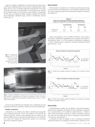 Logo em seguida, radiografias em posicionamento ântero-pos-              RESULTADOS
terior foram realizadas pelo mesmo técnico, utilizando filme radio-
                                                                               Primeiramente calcularam-se as médias apresentadas do ângu-
lógico de 35 x 91cm, incluindo segmento do quadril até 15cm abai-
                                                                            lo Q nos estados de relaxamento e em contração voluntária máxi-
xo do TAT, previamente demarcado com uma película de chumbo
                                                                            ma, tanto no grupo de paciente assintomático quanto no sintomá-
(4cm2) fixada à pele com fita adesiva, para facilitar a visualização
                                                                            tico (tabela 1).
do TAT após a revelação do filme, quando o ângulo Q foi traçado
pelo examinador, utilizando régua, caneta e transferidor conven-
cionais (fig. 2).
                                                                                                            TABELA 1
                                                                                     Valores das médias apresentadas do ângulo Q obtido nos
                                                                                    estados de relaxamento e em contração voluntária máxima

                                                                                                      Assintomáticos                   Sintomáticos

                                                                                                       X              D.P.              X            D.P.

                                                                                  Relaxamento        17,15°           4,5            21,45°          3,9
                                                                                  Contração          14,5°0           3,0            15,8°0          3,5




                                                                              Assim, prosseguiu-se com a análise estatística, com o teste t
                                                                            de Student, analisando a igualdade entre os grupos sintomático e
                                                                            assintomático (figs. 3 e 4). No estado de relaxamento, adquiriu p
                                                                            = 0,004, enquanto para o estado de contração voluntária máxima
                                                                            apresentou p = 0,26.




    Fig. 1 – Estabilizador
    podálico em ”U” em
        que os membros
          inferiores eram
    mantidos em estado
          de relaxamento




                                                                            Fig. 3 – Gráfico das medidas obtidas do ângulo Q no estado de relaxa-
                                                                            mento




Fig. 2 – Imagem radiológica com a presença de película de chumbo (4cm2)
para facilitar a visualização do TAT após a revelação do filme, em que o
ângulo Q era traçado pelo examinador, utilizando régua, caneta e transfe-
ridor convencionais                                                         Fig. 4 – Gráfico das medidas obtidas do ângulo Q no estado de contração
                                                                            isométrica voluntária máxima


  O mesmo procedimento foi realizado com a solicitação de uma
                                                                            DISCUSSÃO
contração isométrica voluntária máxima do músculo quadríceps.
                                                                               Acompanhando a análise dos resultados, é possível visualizar a
    Análise estatística                                                     diferença da magnitude do ângulo Q entre indivíduos sintomáti-
   Calcularam-se as médias dos valores coletados prosseguindo               cos e assintomáticos, em estado de relaxamento (p = 0,004). O
com o método estatístico, o teste t de Student, com nível de sig-           valor médio encontrado corrobora os valores estimados na litera-
nificância de 0,05, sendo o teste aplicado entre os valores do ân-          tura, que são em média de 15° para os indivíduos assintomáticos
gulo Q colhidos entre os pacientes assintomáticos e os sintomáti-           e 20° para os sintomáticos(7,11).
cos, tanto em estado de relaxamento quanto em contração                        A redução do valor do ângulo Q com a contração isométrica
isométrica voluntária máxima.                                               voluntária máxima nos indivíduos assintomáticos também foi en-
8                                                                                                             Rev Bras Med Esporte _ Vol. 12, Nº 1 – Jan/Fev, 2006
 