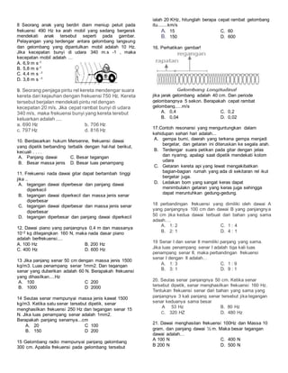 8 Seorang anak yang berdiri diam meniup peluit pada
frekuensi 490 Hz ke arah mobil yang sedang bergerak
mendekati anak tersebut seperti pada gambar.
Pelayangan yang terdengar antara gelombang langsung
dan gelombang yang dipantulkan mobil adalah 10 Hz.
Jika kecepatan bunyi di udara 340 m.s -1 , maka
kecepatan mobil adalah …
A. 6,9 m s-1
B. 5,8 m s-1
C. 4,4 m s -1
D. 3,8 m s -1
9. Seorang penjaga pintu rel kereta mendengar suara
kereta dari kejauhan dengan frekuensi 750 Hz. Kereta
tersebut berjalan mendekati pintu rel dengan
kecepatan 20 m/s. Jika cepat rambat bunyi di udara
340 m/s, maka frekuensi bunyi yang kereta terebut
keluarkan adalah ....
a. 690 Hz b. 706 Hz
c. 797 Hz d. 816 Hz
10. Berdasarkan hukum Mersenne, frekuensi dawai
yang dipetik berbanding terbalik dengan hal-hal berikut,
kecuali . . . .
A. Panjang dawai C. Besar tegangan
B. Besar massa jenis D. Besar luas penampang
11. Frekuensi nada dawai gitar dapat bertambah tinggi
jika ..
A. tegangan dawai diperbesar dan panjang dawai
diperkecil
B. tegangan dawai diperkecil dan massa jenis senar
diperbesar
C. tegangan dawai diperbesar dan massa jenis senar
diperbesar
D. tegangan diperbesar dan panjang dawai diperkecil
12. Dawai piano yang panjangnya 0,4 m dan massanya
10−2 kg ditegangkan 160 N, maka nada dasar piano
adalah berfrekuensi....
A. 100 Hz B. 200 Hz
C. 400 Hz D. 600 Hz
13 Jika panjang senar 50 cm dengan massa jenis 1500
kg/m3. Luas penampang senar 1mm2. Dan tegangan
senar yang duberikan adalah 60 N. Berapakah frekuensi
yang dihasilkan....Hz
A. 100 C 200
B. 1000 D 2000
14 Seutas senar mempunyai massa jenis kawat 1500
kg/m3. Ketika satu senar tersebut dipetik, senar
menghasilkan frekuensi 250 Hz dan tegangan senar 15
N. Jika luas penampang senar adalah 1mm2.
Berapakah panjang senarnya...cm
A. 20 C 100
B. 150 D 200
15 Gelombang radio mempunyai panjang gelombang
300 cm. Apabila frekuensi pada gelombang tersebut
ialah 20 KHz, hitunglah berapa cepat rambat gelombang
itu.......km/s
A. 15 C. 60
B. 150 D. 600
16. Perhatikan gambar!
jika jarak gelombang adalah 40 cm. Dan periode
gelombangnya 5 sekon. Berapakah cepat rambat
gelombang.....m/s
A. 0,4 C. 0,2
B. 0,04 D. 0,02
17.Contoh resonansi yang menguntungkan dalam
kehidupan sehari hari adalah...
A. gempa bumi, daerah yang terkena gempa menjadi
bergetar, dan getaran ini diteruskan ke segala arah.
B. Terdengar suara petikan pada gitar dengan jelas
dan nyaring, apalagi saat dipetik mendekati kolom
udara
C. Getaran kereta api yang lewat mengakibatkan
bagian-bagian rumah yang ada di sekitaran rel ikut
bergetar juga.
D. Ledakan bom yang sangat keras dapat
menimbulakn getaran yang keras juga sehingga
dapat meruntuhkan gedung-gedung.
18 perbandingan frekuensi yang dimiliki oleh dawai A
yang panjangnya 100 cm dan dawai B yang panjangnya
50 cm jika kedua dawai terbuat dari bahan yang sama
adaah….
A. 1: 2 C. 1 : 4
B. 2: 1 D. 4 : 1
19 Senar I dan senar II memiliki panjang yang sama.
Jika luas penampang senar I adalah tiga kali luas
penampang senar II, maka perbandingan frekuensi
senar I dengan II adalah…
A. 1: 3 C. 1 : 9
B. 3: 1 D. 9 : 1
20. Seutas senar panjangnya 50 cm. Ketika senar
tersebut dipetik, senar menghasilkan frekuensi 160 Hz.
Tentukan frekuensi senar dari bahan yang sama yang
panjangnya 3 kali panjang senar tersebut jika tegangan
senar keduanya sama besar
A 53 Hz B. 80 Hz
C. 320 HZ D. 480 Hz
21. Dawai menghasilan frekuensi 100Hz dan Massa 10
gram, dan panjang dawai ½ m. Maka besar tegangan
dawai adalah…
A 100 N C. 400 N
B 200 N D. 500 N
 