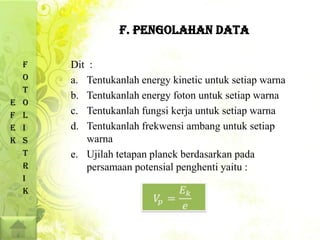 F. PENGOLAHAN DATA

    F   Dit :
    O   a. Tentukanlah energy kinetic untuk setiap warna
    T
        b. Tentukanlah energy foton untuk setiap warna
E   O
F   L   c. Tentukanlah fungsi kerja untuk setiap warna
E   I   d. Tentukanlah frekwensi ambang untuk setiap
K   S      warna
    T   e. Ujilah tetapan planck berdasarkan pada
    R      persamaan potensial penghenti yaitu :
    I
    K
 