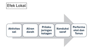 Efek Lokal
Aktivitas
sel
Aliran
darah
Prilaku
jaringan
kolagen
Konduksi
saraf
Performa
otot dan
Tonus
 