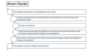 Aliran Darah
Peningkatan temperature menyebabkan axon reflex
Terjadi pelepasan Nitric Oxide (NO) dan menyebabkan rileksasi otot polos
pembuluh darah
Terjadi vasodilatasi
Pada kondisi patologis peningkatan temperature jaringan disebabkan oleh
mediator radang seperti histamin dan bradykinin
Pemanasan lokal pada area cedera menjadi kontradiksi, dapat meningkatkan
tekanan hidrostatik
Peningkatan oedema ataupun pendarahan
 