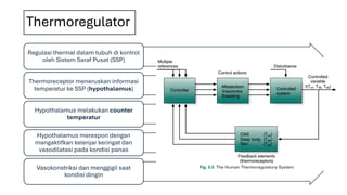 Thermoregulator
Regulasi thermal dalam tubuh di kontrol
oleh Sistem Saraf Pusat (SSP)
Thermoreceptor meneruskan informasi
temperatur ke SSP (hypothalamus)
Hypothalamus melakukan counter
temperatur
Hypothalamus merespon dengan
mangaktifkan kelenjar keringat dan
vasodilatasi pada kondisi panas
Vasokonstriksi dan menggigil saat
kondisi dingin
 