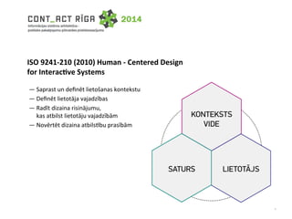 ISO 
9241-­‐210 
(2010) 
Human 
-­‐ 
Centered 
Design 
for 
Interac>ve 
Systems 
— 
Saprast 
un 
definēt 
lietošanas 
kont...