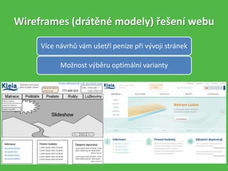 Wireframes (drátěné modely) řešení webu
Více návrhů vám ušetří peníze při vývoji stránek
Možnost výběru optimální varianty
 
