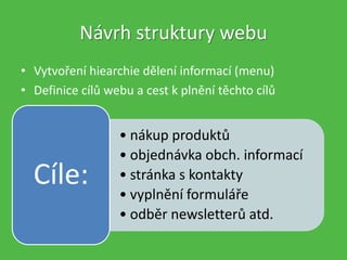 Návrh struktury webu
• Vytvoření hiearchie dělení informací (menu)
• Definice cílů webu a cest k plnění těchto cílů
• nákup produktů
• objednávka obch. informací
• stránka s kontakty
• vyplnění formuláře
• odběr newsletterů atd.
Cíle:
 