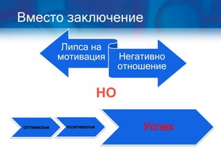Вместо заключение

             Липса на
            мотивация           Негативно
                                отношение

                           НО

оптимизъм    позитивизъм            Успех
 