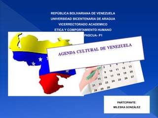 REPÚBLICA BOLIVARIANA DE VENEZUELA
UNIVERSIDAD BICENTENARIA DE ARAGUA
VICERRECTORADO ACADEMICO
ETICA Y COMPORTAMIENTO HUMANO
VALLE DE LA PASCUA- P1
PARTCIPANTE:
MILESKA GONZÁLEZ
 