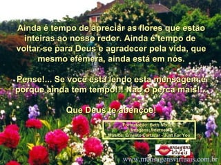 Ainda é tempo de apreciar as flores que estão inteiras ao nosso redor. Ainda é tempo de  voltar-se para Deus e agradecer pela vida, que mesmo efêmera, ainda está em nós. Pense!... Se você está lendo esta mensagem é porque ainda tem tempo!!! Não o perca mais!... Que Deus te abençoe! Formatação: Beth Norling Imagens: Internet Música: Ernesto Cortazar - Just For You www.mensagensvirtuais.com.br   