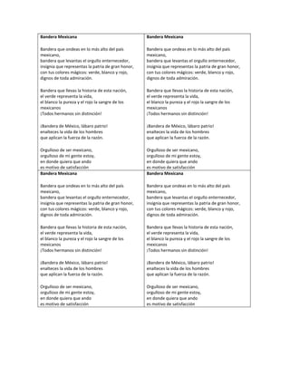 Bandera Mexicana

Bandera Mexicana

Bandera que ondeas en lo más alto del país
mexicano,
bandera que levantas el orgullo enternecedor,
insignia que representas la patria de gran honor,
con tus colores mágicos: verde, blanco y rojo,
dignos de toda admiración.

Bandera que ondeas en lo más alto del país
mexicano,
bandera que levantas el orgullo enternecedor,
insignia que representas la patria de gran honor,
con tus colores mágicos: verde, blanco y rojo,
dignos de toda admiración.

Bandera que llevas la historia de esta nación,
el verde representa la vida,
el blanco la pureza y el rojo la sangre de los
mexicanos
¡Todos hermanos sin distinción!

Bandera que llevas la historia de esta nación,
el verde representa la vida,
el blanco la pureza y el rojo la sangre de los
mexicanos
¡Todos hermanos sin distinción!

¡Bandera de México, lábaro patrio!
enalteces la vida de los hombres
que aplican la fuerza de la razón.

¡Bandera de México, lábaro patrio!
enalteces la vida de los hombres
que aplican la fuerza de la razón.

Orgulloso de ser mexicano,
orgulloso de mi gente estoy,
en donde quiera que ando
es motivo de satisfacción
Bandera Mexicana

Orgulloso de ser mexicano,
orgulloso de mi gente estoy,
en donde quiera que ando
es motivo de satisfacción
Bandera Mexicana

Bandera que ondeas en lo más alto del país
mexicano,
bandera que levantas el orgullo enternecedor,
insignia que representas la patria de gran honor,
con tus colores mágicos: verde, blanco y rojo,
dignos de toda admiración.

Bandera que ondeas en lo más alto del país
mexicano,
bandera que levantas el orgullo enternecedor,
insignia que representas la patria de gran honor,
con tus colores mágicos: verde, blanco y rojo,
dignos de toda admiración.

Bandera que llevas la historia de esta nación,
el verde representa la vida,
el blanco la pureza y el rojo la sangre de los
mexicanos
¡Todos hermanos sin distinción!

Bandera que llevas la historia de esta nación,
el verde representa la vida,
el blanco la pureza y el rojo la sangre de los
mexicanos
¡Todos hermanos sin distinción!

¡Bandera de México, lábaro patrio!
enalteces la vida de los hombres
que aplican la fuerza de la razón.

¡Bandera de México, lábaro patrio!
enalteces la vida de los hombres
que aplican la fuerza de la razón.

Orgulloso de ser mexicano,
orgulloso de mi gente estoy,
en donde quiera que ando
es motivo de satisfacción

Orgulloso de ser mexicano,
orgulloso de mi gente estoy,
en donde quiera que ando
es motivo de satisfacción

 