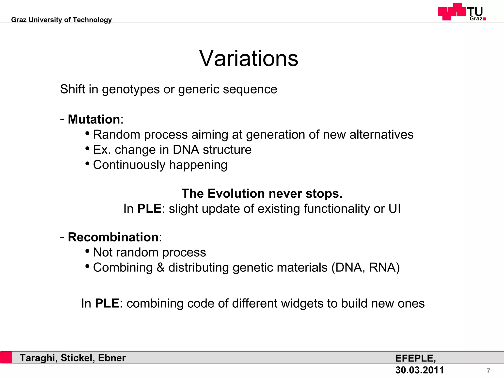 Variations Shift in genotypes or generic sequence Mutation : Random process aiming at generation of new alternatives Ex. change in DNA structure Continuously happening Recombination : Not random process Combining & distributing genetic materials (DNA, RNA) The Evolution never stops. In  PLE : slight update of existing functionality or UI In  PLE : combining code of different widgets to build new ones 