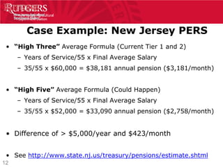 Case Example: New Jersey PERS
 • “High Three” Average Formula (Current Tier 1 and 2)
     – Years of Service/55 x Final Average Salary
     – 35/55 x $60,000 = $38,181 annual pension ($3,181/month)


 • “High Five” Average Formula (Could Happen)
     – Years of Service/55 x Final Average Salary
     – 35/55 x $52,000 = $33,090 annual pension ($2,758/month)


 • Difference of > $5,000/year and $423/month


 • See http://www.state.nj.us/treasury/pensions/estimate.shtml
12
 