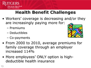 Health Benefit Challenges
 • Workers’ coverage is decreasing and/or they
   are increasingly paying more for:
     – Premiums
     – Deductibles
     – Co-payments
 • From 2000 to 2010, average premiums for
   family coverage through an employer
   increased 114%
 • More employees’ ONLY option is high-
   deductible health insurance
13
 