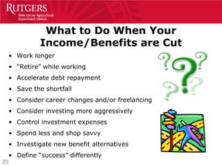 What to Do When Your
               Income/Benefits are Cut
     • Work longer
     • “Retire” while working
     • Accelerate debt repayment
     • Save the shortfall
     • Consider career changes and/or freelancing
     • Consider investing more aggressively
     • Control investment expenses
     • Spend less and shop savvy
     • Investigate new benefit alternatives
     • Define “success” differently
20
 