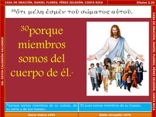 CASA DE ORACIÓN, DANIEL FLORES, PÉREZ ZELEDÓN, COSTA RICA 
30porque 
miembros 
somos del 
cuerpo de él., 
Efesios 5,30 
30porque somos miembros de su cuerpo, de 
su carne y de sus huesos., 
30 pues somos miembros de su Cuerpo. 
DR. ESYIN CALDERÓN VALVERDE 
CASA DE ORACIÓN, DANIEL FLORES, PÉREZ ZELEDÓN, COSTA RICA 
Reina Valera 1995 Biblia Jerusalén 1976 
 