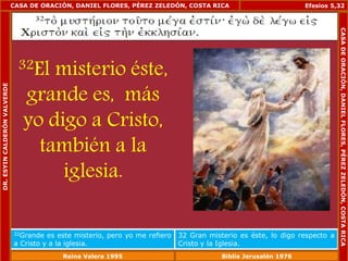 CASA DE ORACIÓN, DANIEL FLORES, PÉREZ ZELEDÓN, COSTA RICA 
32El misterio éste, 
grande es, más 
yo digo a Cristo, 
también a la 
iglesia. 
Efesios 5,32 
32Grande es este misterio, pero yo me refiero 
a Cristo y a la iglesia. 
32 Gran misterio es éste, lo digo respecto a 
Cristo y la Iglesia. 
DR. ESYIN CALDERÓN VALVERDE 
CASA DE ORACIÓN, DANIEL FLORES, PÉREZ ZELEDÓN, COSTA RICA 
Reina Valera 1995 Biblia Jerusalén 1976 
 