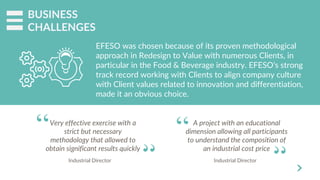 BUSINESS
CHALLENGES
EFESO was chosen because of its proven methodological
approach in Redesign to Value with numerous Clie...
