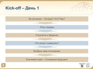 Kick-off – День 1 
Вступление – Почему? Что? Как? 
8 
Роль лидера 
Стратегия и Видение 
Что может помешать? 
Выбери свое отношение 
Ключевая идея – Созидание будущего 
 