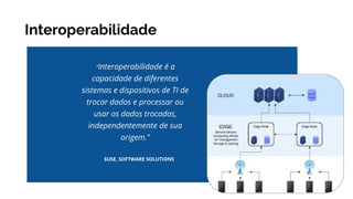 Interoperabilidade
SUSE, SOFTWARE SOLUTIONS
“Interoperabilidade é a
capacidade de diferentes
sistemas e dispositivos de TI de
trocar dados e processar ou
usar os dados trocados,
independentemente de sua
origem.”
 