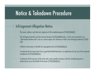 Notice & Takedown Procedure

Infringement Allegation Notice
   The name, address, and electronic signature of the complain...