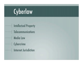 Cyberlaw

Intellectual Property
Telecommunications
Media Law
Cybercrime
Internet Jurisdiction
 