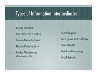 Types of Information Intermediaries

Hosting Providers

Internet Service Providers   Search Engines

Domain Name Registrar...