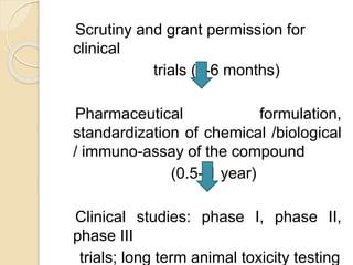 Scrutiny and grant permission for
clinical
trials (3-6 months)
Pharmaceutical formulation,
standardization of chemical /biological
/ immuno-assay of the compound
(0.5- 1 year)
Clinical studies: phase I, phase II,
phase III
trials; long term animal toxicity testing
 