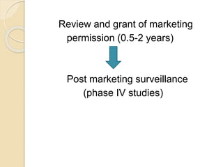 Review and grant of marketing
permission (0.5-2 years)
Post marketing surveillance
(phase IV studies)
 