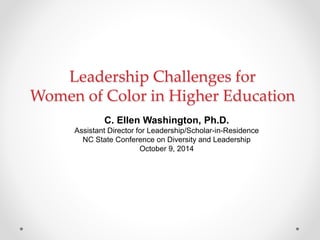 Leadership Challenges for
Women of Color in Higher Education
C. Ellen Washington, Ph.D.
Assistant Director for Leadership/Scholar-in-Residence
NC State Conference on Diversity and Leadership
October 9, 2014
 