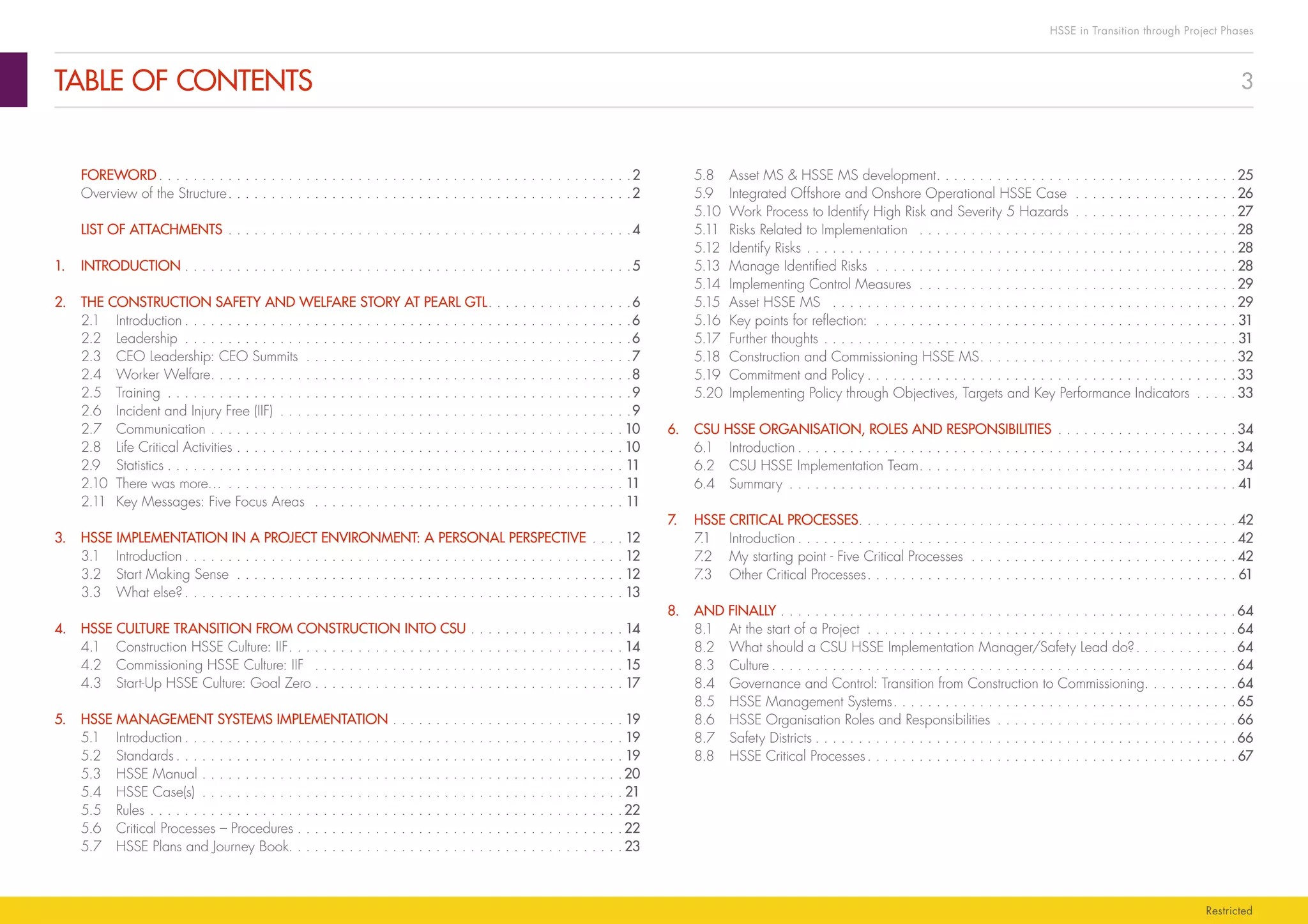 3
HSSE in Transition through Project Phases
Restricted
TABLE OF CONTENTS
5.8	 Asset MS & HSSE MS development. . . . . . . . . . . . . . . . . . . . . . . . . . . . . . . . . . . 25
5.9	 Integrated Offshore and Onshore Operational HSSE Case . . . . . . . . . . . . . . . . . . .  26
5.10	 Work Process to Identify High Risk and Severity 5 Hazards . . . . . . . . . . . . . . . . . . . 27
5.11	 Risks Related to Implementation . . . . . . . . . . . . . . . . . . . . . . . . . . . . . . . . . . . . . 28
5.12	 Identify Risks . . . . . . . . . . . . . . . . . . . . . . . . . . . . . . . . . . . . . . . . . . . . . . . . . . 28
5.13	 Manage Identified Risks . . . . . . . . . . . . . . . . . . . . . . . . . . . . . . . . . . . . . . . . . . 28
5.14	 Implementing Control Measures . . . . . . . . . . . . . . . . . . . . . . . . . . . . . . . . . . . . . 29
5.15	 Asset HSSE MS . . . . . . . . . . . . . . . . . . . . . . . . . . . . . . . . . . . . . . . . . . . . . . . 29
5.16	 Key points for reflection: . . . . . . . . . . . . . . . . . . . . . . . . . . . . . . . . . . . . . . . . . .  31
5.17	 Further thoughts. . . . . . . . . . . . . . . . . . . . . . . . . . . . . . . . . . . . . . . . . . . . . . . .  31
5.18	 Construction and Commissioning HSSE MS. . . . . . . . . . . . . . . . . . . . . . . . . . . . . .  32
5.19	 Commitment and Policy. . . . . . . . . . . . . . . . . . . . . . . . . . . . . . . . . . . . . . . . . . . 33
5.20	 Implementing Policy through Objectives, Targets and Key Performance Indicators . . . . . 33
6.	 CSU HSSE ORGANISATION, ROLES AND RESPONSIBILITIES. . . . . . . . . . . . . . . . . . . . . 34
6.1	Introduction. . . . . . . . . . . . . . . . . . . . . . . . . . . . . . . . . . . . . . . . . . . . . . . . . . . 34
6.2	 CSU HSSE Implementation Team. . . . . . . . . . . . . . . . . . . . . . . . . . . . . . . . . . . . . 34
6.4	Summary . . . . . . . . . . . . . . . . . . . . . . . . . . . . . . . . . . . . . . . . . . . . . . . . . . . .  41
7.	 HSSE CRITICAL PROCESSES. . . . . . . . . . . . . . . . . . . . . . . . . . . . . . . . . . . . . . . . . . . .  42
7.1	Introduction. . . . . . . . . . . . . . . . . . . . . . . . . . . . . . . . . . . . . . . . . . . . . . . . . . .  42
7.2	 My starting point - Five Critical Processes . . . . . . . . . . . . . . . . . . . . . . . . . . . . . . .  42
7.3	 Other Critical Processes. . . . . . . . . . . . . . . . . . . . . . . . . . . . . . . . . . . . . . . . . . .  61
8.	 AND FINALLY. . . . . . . . . . . . . . . . . . . . . . . . . . . . . . . . . . . . . . . . . . . . . . . . . . . . . 64
8.1	 At the start of a Project . . . . . . . . . . . . . . . . . . . . . . . . . . . . . . . . . . . . . . . . . . . 64
8.2	 What should a CSU HSSE Implementation Manager/Safety Lead do?. . . . . . . . . . . . 64
8.3	Culture. . . . . . . . . . . . . . . . . . . . . . . . . . . . . . . . . . . . . . . . . . . . . . . . . . . . . . 64
8.4	 Governance and Control: Transition from Construction to Commissioning. . . . . . . . . . .64
8.5	 HSSE Management Systems. . . . . . . . . . . . . . . . . . . . . . . . . . . . . . . . . . . . . . . . 65
8.6	 HSSE Organisation Roles and Responsibilities . . . . . . . . . . . . . . . . . . . . . . . . . . . . 66
8.7	 Safety Districts. . . . . . . . . . . . . . . . . . . . . . . . . . . . . . . . . . . . . . . . . . . . . . . . . 66
8.8	 HSSE Critical Processes. . . . . . . . . . . . . . . . . . . . . . . . . . . . . . . . . . . . . . . . . . .  67
	FOREWORD. . . . . . . . . . . . . . . . . . . . . . . . . . . . . . . . . . . . . . . . . . . . . . . . . . . . . . . 2
Overview of the Structure. . . . . . . . . . . . . . . . . . . . . . . . . . . . . . . . . . . . . . . . . . . . . . . 2
	 LIST OF ATTACHMENTS. . . . . . . . . . . . . . . . . . . . . . . . . . . . . . . . . . . . . . . . . . . . . . . 4
1.	INTRODUCTION. . . . . . . . . . . . . . . . . . . . . . . . . . . . . . . . . . . . . . . . . . . . . . . . . . . . 5
2.	 THE CONSTRUCTION SAFETY AND WELFARE STORY AT PEARL GTL. . . . . . . . . . . . . . . . . 6
2.1	Introduction. . . . . . . . . . . . . . . . . . . . . . . . . . . . . . . . . . . . . . . . . . . . . . . . . . . . 6
2.2	Leadership . . . . . . . . . . . . . . . . . . . . . . . . . . . . . . . . . . . . . . . . . . . . . . . . . . . . 6
2.3	 CEO Leadership: CEO Summits . . . . . . . . . . . . . . . . . . . . . . . . . . . . . . . . . . . . . . 7
2.4	 Worker Welfare. . . . . . . . . . . . . . . . . . . . . . . . . . . . . . . . . . . . . . . . . . . . . . . . . 8
2.5	Training . . . . . . . . . . . . . . . . . . . . . . . . . . . . . . . . . . . . . . . . . . . . . . . . . . . . . . 9
2.6	 Incident and Injury Free (IIF) . . . . . . . . . . . . . . . . . . . . . . . . . . . . . . . . . . . . . . . . . 9
2.7	Communication. . . . . . . . . . . . . . . . . . . . . . . . . . . . . . . . . . . . . . . . . . . . . . . .  10
2.8	 Life Critical Activities. . . . . . . . . . . . . . . . . . . . . . . . . . . . . . . . . . . . . . . . . . . . .  10
2.9	Statistics. . . . . . . . . . . . . . . . . . . . . . . . . . . . . . . . . . . . . . . . . . . . . . . . . . . . .  11
2.10	 There was more…. . . . . . . . . . . . . . . . . . . . . . . . . . . . . . . . . . . . . . . . . . . . . .  11
2.11	 Key Messages: Five Focus Areas . . . . . . . . . . . . . . . . . . . . . . . . . . . . . . . . . . . .  11
3.	 HSSE IMPLEMENTATION IN A PROJECT ENVIRONMENT: A PERSONAL PERSPECTIVE. . . .  12
3.1	Introduction. . . . . . . . . . . . . . . . . . . . . . . . . . . . . . . . . . . . . . . . . . . . . . . . . . .  12
3.2	 Start Making Sense . . . . . . . . . . . . . . . . . . . . . . . . . . . . . . . . . . . . . . . . . . . . .  12
3.3	 What else?. . . . . . . . . . . . . . . . . . . . . . . . . . . . . . . . . . . . . . . . . . . . . . . . . . .  13
4.	 HSSE CULTURE TRANSITION FROM CONSTRUCTION INTO CSU. . . . . . . . . . . . . . . . . .  14
4.1	 Construction HSSE Culture: IIF. . . . . . . . . . . . . . . . . . . . . . . . . . . . . . . . . . . . . . .  14
4.2	 Commissioning HSSE Culture: IIF . . . . . . . . . . . . . . . . . . . . . . . . . . . . . . . . . . . .  15
4.3	 Start-Up HSSE Culture: Goal Zero. . . . . . . . . . . . . . . . . . . . . . . . . . . . . . . . . . . .  17
5.	 HSSE MANAGEMENT SYSTEMS IMPLEMENTATION. . . . . . . . . . . . . . . . . . . . . . . . . . .  19
5.1	Introduction. . . . . . . . . . . . . . . . . . . . . . . . . . . . . . . . . . . . . . . . . . . . . . . . . . .  19
5.2	Standards. . . . . . . . . . . . . . . . . . . . . . . . . . . . . . . . . . . . . . . . . . . . . . . . . . . .  19
5.3	 HSSE Manual. . . . . . . . . . . . . . . . . . . . . . . . . . . . . . . . . . . . . . . . . . . . . . . . . 20
5.4	 HSSE Case(s) . . . . . . . . . . . . . . . . . . . . . . . . . . . . . . . . . . . . . . . . . . . . . . . . .  21
5.5	Rules. . . . . . . . . . . . . . . . . . . . . . . . . . . . . . . . . . . . . . . . . . . . . . . . . . . . . . . 22
5.6	 Critical Processes – Procedures. . . . . . . . . . . . . . . . . . . . . . . . . . . . . . . . . . . . . . 22
5.7	 HSSE Plans and Journey Book. . . . . . . . . . . . . . . . . . . . . . . . . . . . . . . . . . . . . . . 23
 