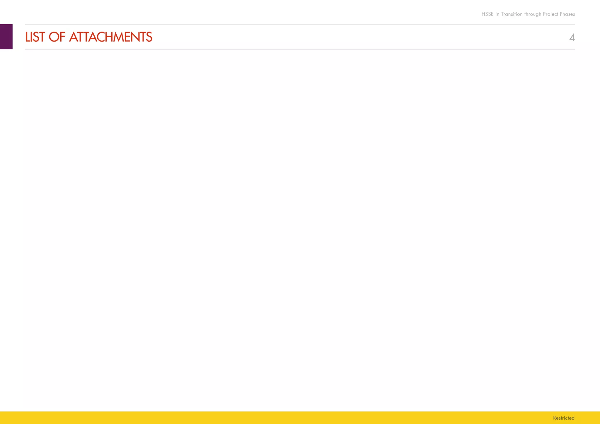 4
HSSE in Transition through Project Phases
Restricted
	LIST OF ATTACHMENTS
 