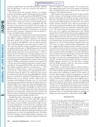 242 Journal of Lipid Research Volume 52, 2011
does not appear to increase hepatic TG secretion (44),
this suggests that apoA-V may exert mainly an inhibitory
effect on VLDL-TG secretion, which becomes robust only
as hepatic TG synthesis increases.
Observations from animal and human studies provide
further evidence of the linkage between apoA-V gene ex-
pression and hepatic TG synthesis, storage, and secretion.
Shu et al. (32) observed that both the hepatic TG content
and the apoA-V lipid droplet association were increased in
human apoA-V transgenic mice, whereas inactivation of
the mouse apoA-V gene had little effect. Although the im-
pact on plasma TG was not examined in that study, Pamir
et al. (45) found that when human apoA-V transgenic
mice were fed a high-fat and high-sucrose diet, fasting
plasma TG levels fell instead of increasing, suggesting that
apoA-V gene expression had inhibited diet-induced he-
patic VLDL-TG secretion. Werner et al. (46) observed that
hepatic steatosis induced by essential fatty acid deﬁciency
is accompanied by increased apoA-V gene expression; yet,
Huang et al. (47) found that plasma apoA-V levels were
45% lower in obese, insulin-resistant, dyslipidemic sub-
jects, suggesting that hepatic steatosis, which is a concomi-
tant condition of the metabolic syndrome, reduced hepatic
apoA-V secretion. Presently, the mechanism of linkage be-
tween apoA-V and TG metabolism is not well understood,
but it is relevant that the apoA-V gene contains two E-box
elements that can bind SREBP1c (48), a nuclear factor
that plays a central role in regulating hepatic TG synthesis
(49, 50), and that the human apoA-V promoter contains a
PPAR␣ response element (51, 52) and, thus, is upregu-
lated by PPAR␣ agonists, which are also potent modula-
tors of hepatic TG metabolism (50).
In summary, our data from a hepatic cell line model es-
tablishes that apoA-V is inefﬁciently secreted, that stimula-
tion of TG synthesis signiﬁcantly inhibits apoA-V secretion
and redirects the trafﬁcking of apoA-V to the surface of
cytosolic lipid droplets, and that upregulation of apoA-V
gene expression reduces VLDL-TG with little apparent ef-
fect on apoB secretion itself. These data suggest that in
addition to its well established function in regulating
plasma TG levels by catalyzing the peripheral lipolysis and
clearance of TG-rich lipoproteins, apoA-V may also play a
critical role in modulating hepatic lipoprotein secretion
and TG storage. ApoA-V may thus stand at the crossroads
between hepatic lipid export and storage and may be an
important factor in determining human susceptibility to
hepatic steatosis, lipotoxicity, and insulin sensitivity.
REFERENCES
1. Forte, T. M., X. Shu, and R. O. Ryan. 2009. The ins (cell) and outs
(plasma) of apolipoprotein A-V. J. Lipid Res. 50: S150–S155.
2. Pennacchio, L. A., M. Olivier, J. A. Hubacek, J. C. Cohen, D. R.
Cox, J. C. Fruchart, R. M. Krauss, and E. M. Rubin. 2001. An apoli-
poprotein inﬂuencing triglycerides in humans and mice revealed
by comparative sequencing. Science. 294: 169–173.
3. Schaap, F. G., P. C. N. Rensen, P. J. Voshol, C. Vrins, H. N. Van
der Vliet, R. Chamuleau, L. M. Havekes, A. K. Groen, and K. W.
Van Dijk. 2004. ApoAV reduces plasma triglycerides by inhibiting
very low density lipoprotein-triglyceride (VLDL-TG) production
and stimulating lipoprotein lipase-mediated VLDL-TG hydrolysis.
J. Biol. Chem. 279: 27941–27947.
sensitive to lipid ﬂuxes from the ER membrane, whether
into the ER lumen or into the cytosol on the surface of
lipid droplets (42).
The present data also provide evidence of a linkage
between intracellular apoA-V trafﬁcking and TG metabo-
lism. Treatment of stably transfected McA-RH7777 hepa-
toma cells with oleate, which increased intracellular TG
accumulation, caused a dramatic inhibition of apoA-V se-
cretion and a reciprocal increase in intracellular apoA-V.
Fluorescence confocal microscopy established that this
was due to the association of apoA-V with the surface of
cytosolic lipid droplets, as observed previously (23, 24, 32).
Hence, it appears that hepatic TG synthesis or accumula-
tion may drive a dynamic competition between apoA-V se-
cretion and lipid droplet association.
The consequence of apoA-V expression and localization
was explored using a regulatable apoA-V expression sys-
tem. When transfected apoA-V expression was induced
with Dox, neither the secretion nor the density distribu-
tion of apoB in McA-RH7777 cells was altered dramati-
cally. This ﬁnding agrees with observations of Shu et al.
(23), who also noted no change in apoB secretion or den-
sity gradient distribution in Hep3B hepatoma cells stably
transfected with human apoA-V. However, in the current
study, apoA-V expression was associated with a ‫ف‬50% re-
duction in TG secretion and a corresponding increase in
cellular TG content. To explore the basis for this observa-
tion, particle size analysis was performed. While the VLDL2
fraction displayed no signiﬁcant size change in Dox-treated
cells, the VLDL1 peak particle diameter was reduced by
‫ف‬26 nm upon Dox-mediated induction of apoA-V expres-
sion (Fig. 6). Assuming a VLDL1:VLDL2 ratio of 1:3 (Fig. 6A),
this change in particle diameter corresponds to a ‫ف‬40%
reduction in VLDL volume, a value in reasonable agree-
ment with the ‫ف‬50% reduction in radiolabeled TG secre-
tion shown in Fig. 5C. Hence, the reduction in TG content
in medium from apoA-V-expressing McA-RH7777 cells ap-
pears to result from a reduction in VLDL particle size dis-
tribution but not in particle number. These data are
consistent with ﬁndings of Schaap at al. (3), who found
that adenovirus-mediated expression of human apoA-V in-
hibited VLDL-TG secretion, also without affecting particle
number. While other studies have failed to establish a link
between apoA-V expression and VLDL secretion in trans-
genic mice (5), it is worth noting that upon induction of
apoA-V in vivo during liver regeneration (21), hepatic TG
synthesis and accumulation are upregulated without an ac-
companying increase in VLDL secretion (43).
Considering these observations, we speculate that de-
pending on the relative rates of TG and VLDL synthesis,
apoA-V either enters the secretory pathway, possibly on
the surface of nascent VLDL, and becomes subject to pre-
secretory degradation or buds from the cytoplasmic side
of the ER membrane on the surface of lipid droplets (27).
Thus, under speciﬁc metabolic conditions, apoA-V could
modulate VLDL assembly by facilitating the diversion and
sequestration of a pool of metabolically active TG within
the ER membrane toward lipid droplet formation and
away from apoB lipidation. As ablation of apoA-V expression
byguest,onNovember1,2015www.jlr.orgDownloadedfrom
.html
http://www.jlr.org/content/suppl/2010/11/26/jlr.M010793.DC1
Supplemental Material can be found at:
 