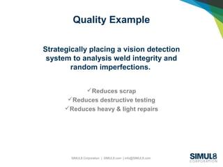 SIMUL8 Corporation | SIMUL8.com | info@SIMUL8.com
Quality Example
Strategically placing a vision detection
system to analysis weld integrity and
random imperfections.
Reduces scrap
Reduces destructive testing
Reduces heavy & light repairs
 