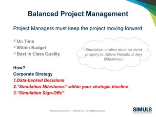 SIMUL8 Corporation | SIMUL8.com | info@SIMUL8.com
Balanced Project Management
Project Managers must keep the project moving forward
On Time
Within Budget
Best in Class Quality
How?
Corporate Strategy
1.Data-backed Decisions
2.“Simulation Milestones” within your strategic timeline
3.“Simulation Sign-Offs”
Simulation studies must be sized
properly to deliver Results at Key
Milestones!
 