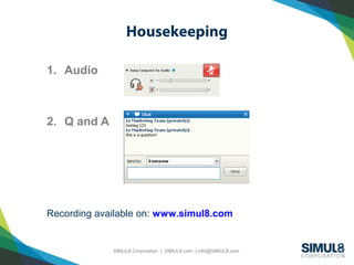 SIMUL8 Corporation | SIMUL8.com | info@SIMUL8.com
Housekeeping
1. Audio
2. Q and A
Recording available on: www.simul8.com
 