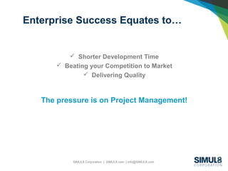 SIMUL8 Corporation | SIMUL8.com | info@SIMUL8.com
Enterprise Success Equates to…
 Shorter Development Time
 Beating your Competition to Market
 Delivering Quality
The pressure is on Project Management!
 