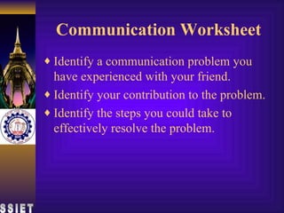Communication Worksheet <ul><li>Identify a communication problem you have experienced with your friend. </li></ul><ul><li>...