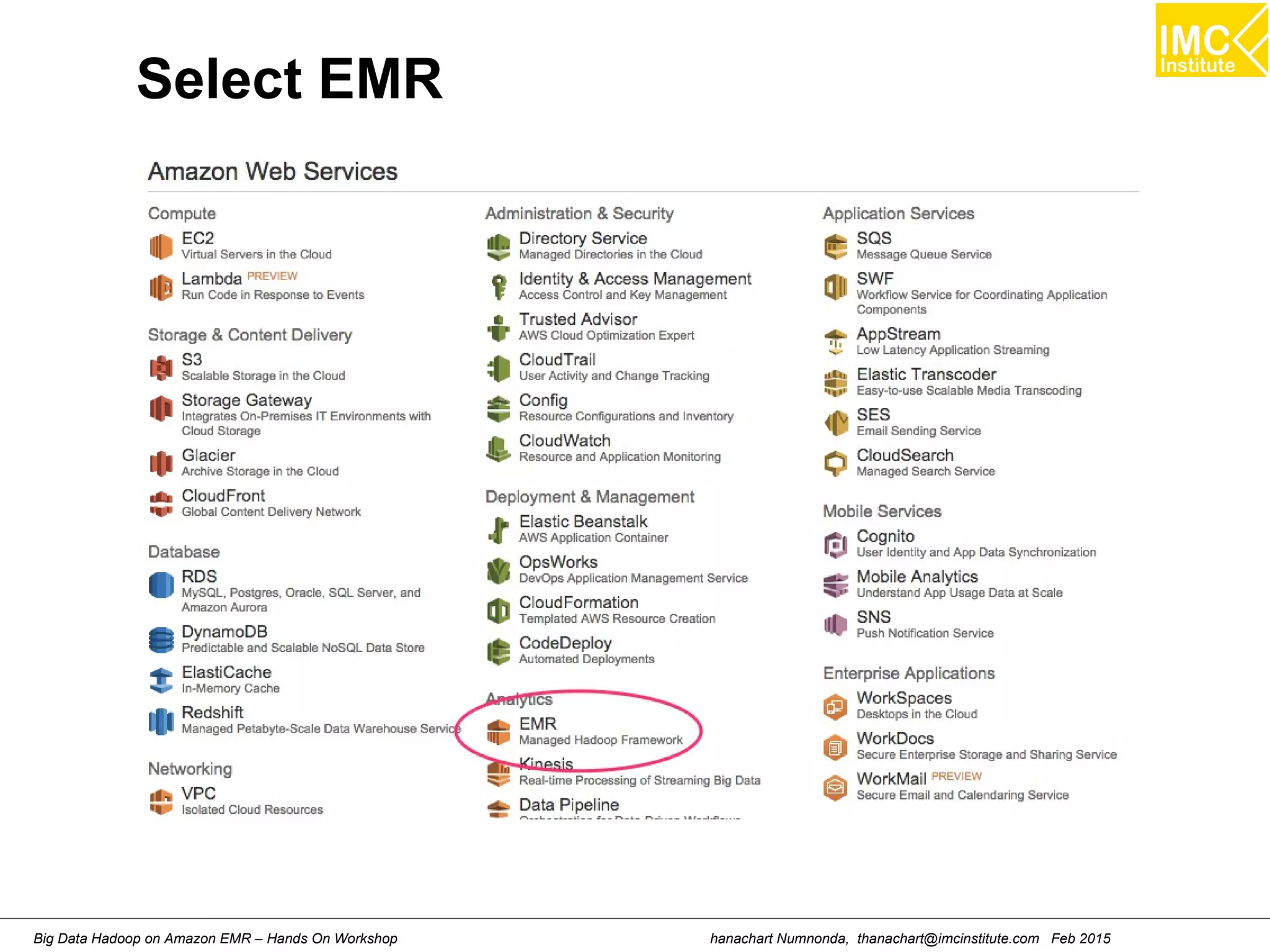 hanachart Numnonda, thanachart@imcinstitute.com Feb 2015Big Data Hadoop on Amazon EMR – Hands On Workshop
Select EMR
 