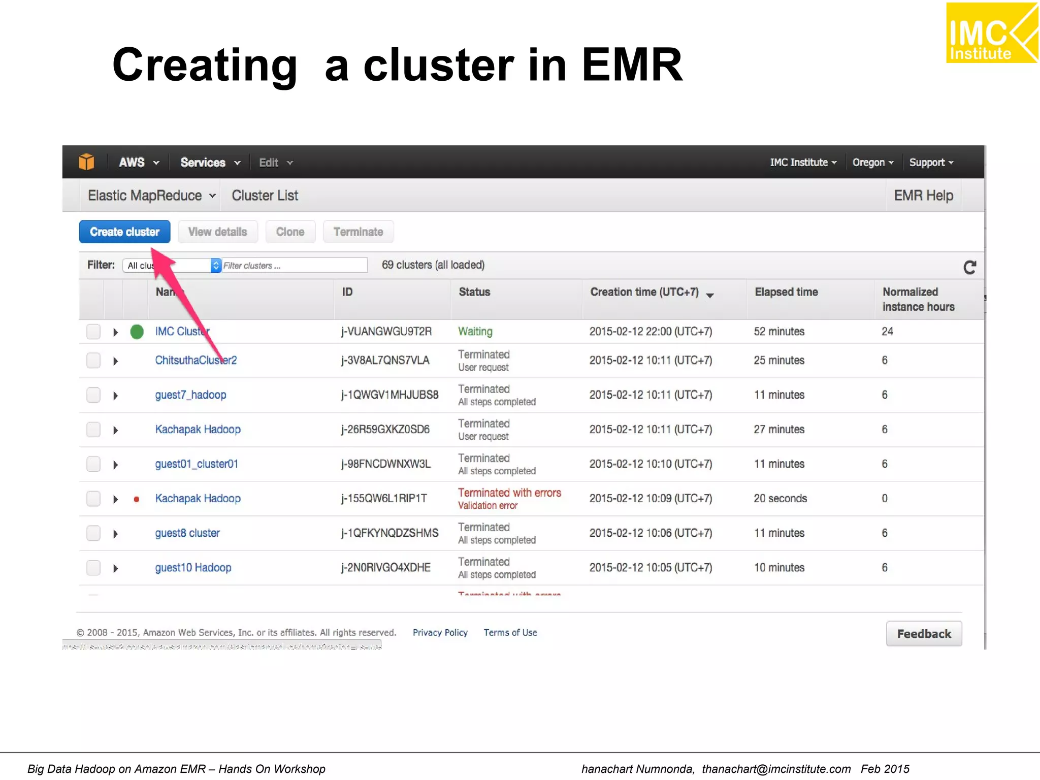 hanachart Numnonda, thanachart@imcinstitute.com Feb 2015Big Data Hadoop on Amazon EMR – Hands On Workshop
Creating a cluster in EMR
 