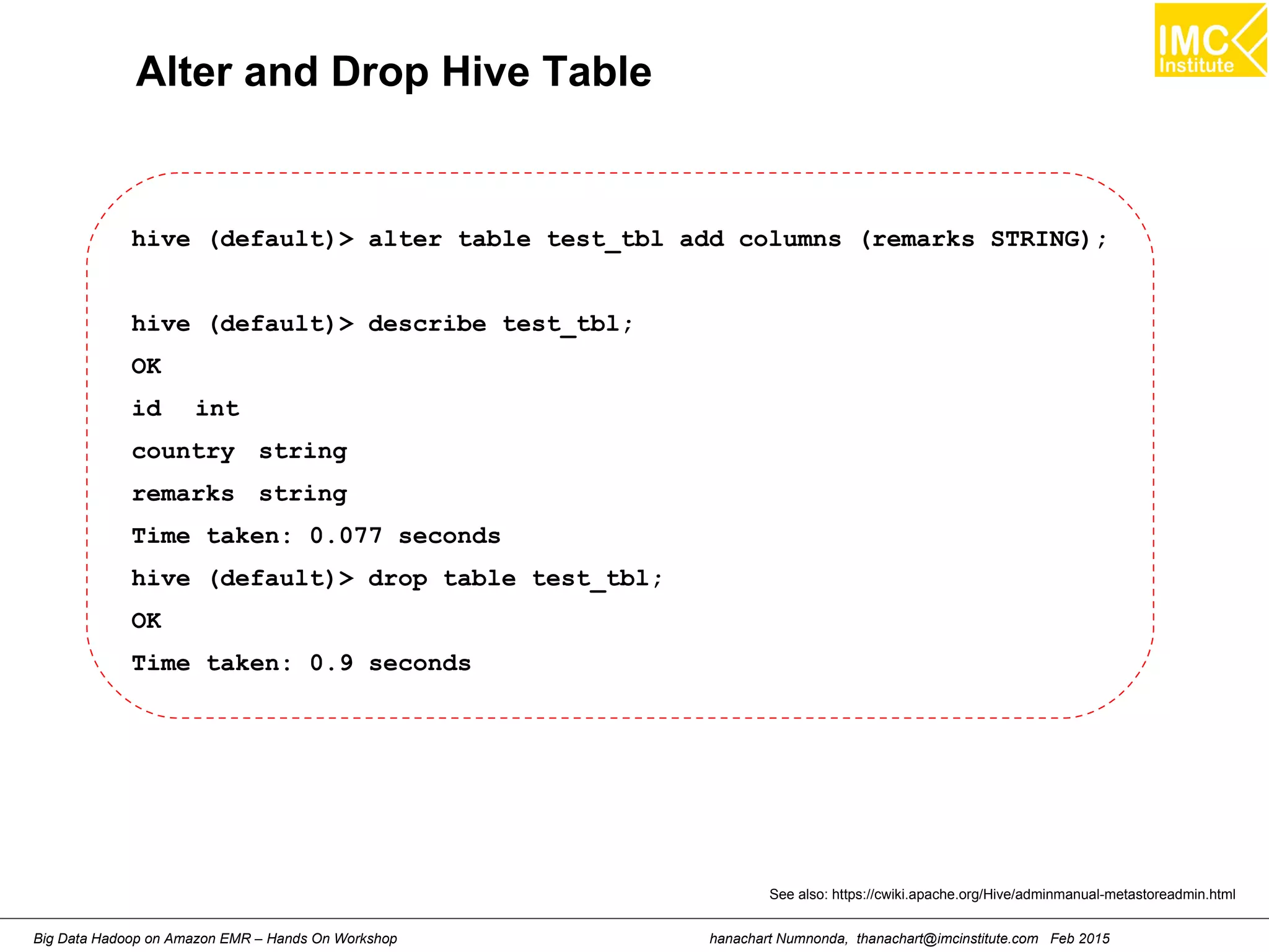 hanachart Numnonda, thanachart@imcinstitute.com Feb 2015Big Data Hadoop on Amazon EMR – Hands On Workshop
Alter and Drop Hive Table
hive (default)> alter table test_tbl add columns (remarks STRING);
hive (default)> describe test_tbl;
OK
id int
country string
remarks string
Time taken: 0.077 seconds
hive (default)> drop table test_tbl;
OK
Time taken: 0.9 seconds
See also: https://cwiki.apache.org/Hive/adminmanual-metastoreadmin.html
 