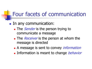 Four facets of communication
 In any communication:
 The Sender is the person trying to
communicate a message
 The Receiver is the person at whom the
message is directed
 A message is sent to convey information
 Information is meant to change behavior
 