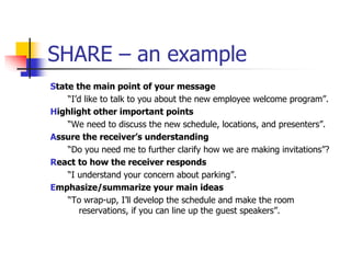 SHARE – an example
State the main point of your message
“I’d like to talk to you about the new employee welcome program”.
Highlight other important points
“We need to discuss the new schedule, locations, and presenters”.
Assure the receiver’s understanding
“Do you need me to further clarify how we are making invitations”?
React to how the receiver responds
“I understand your concern about parking”.
Emphasize/summarize your main ideas
“To wrap-up, I’ll develop the schedule and make the room
reservations, if you can line up the guest speakers”.
 
