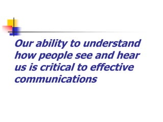 Our ability to understand
how people see and hear
us is critical to effective
communications
 