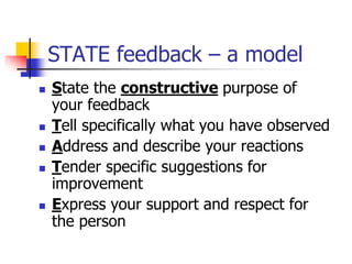 STATE feedback – a model
 State the constructive purpose of
your feedback
 Tell specifically what you have observed
 Address and describe your reactions
 Tender specific suggestions for
improvement
 Express your support and respect for
the person
 