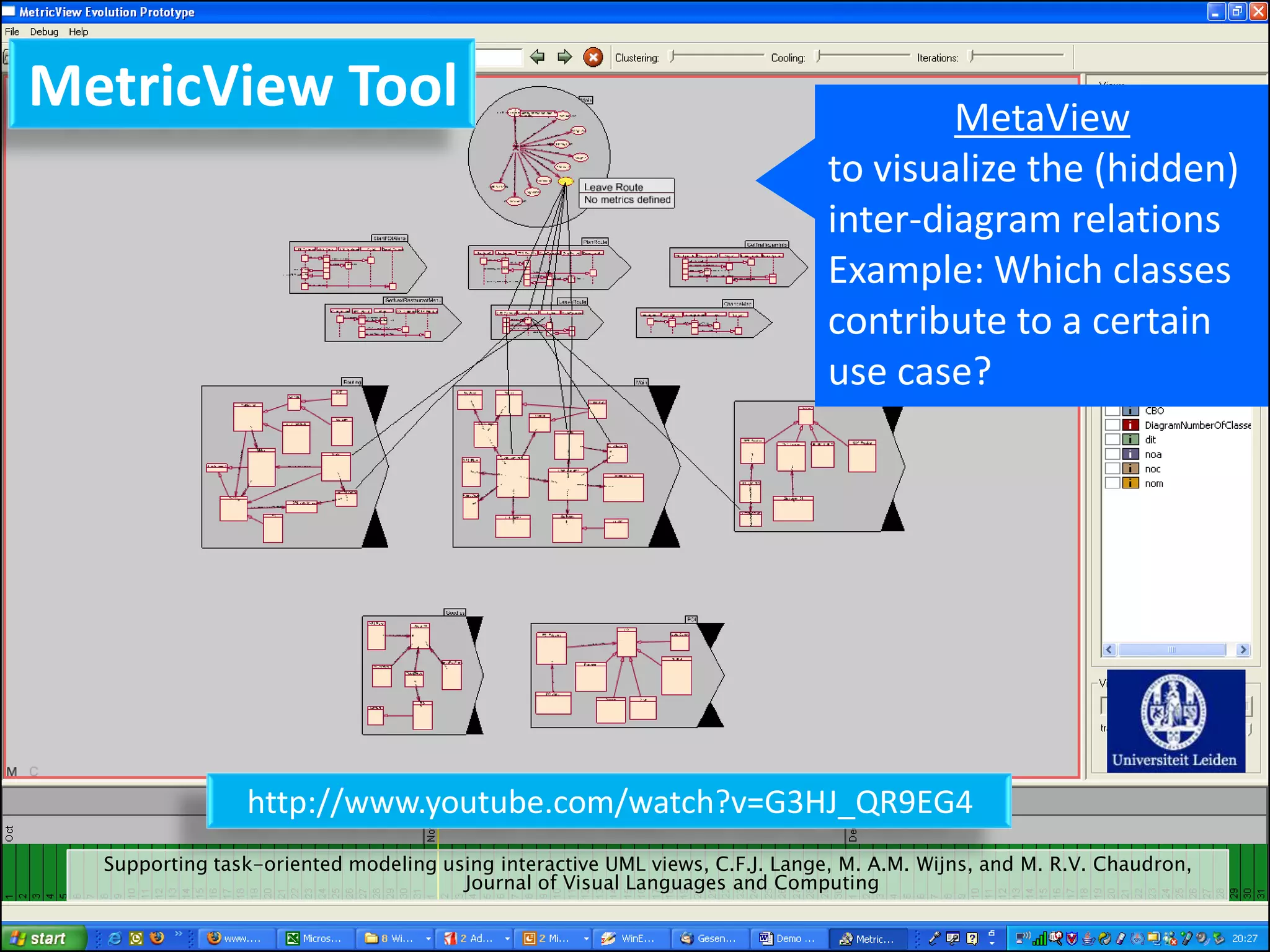 MetricView Tool                                                                           MetaView
                                                                                  to visualize the (hidden)
                                                                                  inter-diagram relations
                                                                                  Example: Which classes
                                                                                  contribute to a certain
                                                                                  use case?




                       http://www.youtube.com/watch?v=G3HJ_QR9EG4
       Supporting task-oriented modeling using interactive UML views, C.F.J. Lange, M. A.M. Wijns, and M. R.V. Chaudron,
                                           Journal of Visual Languages and Computing

Michel Chaudron, Jeudi des Modeles, 31 March 2011, Nantes      Leiden University. The university to discover.
                                             Christian Lange                                                               22
 