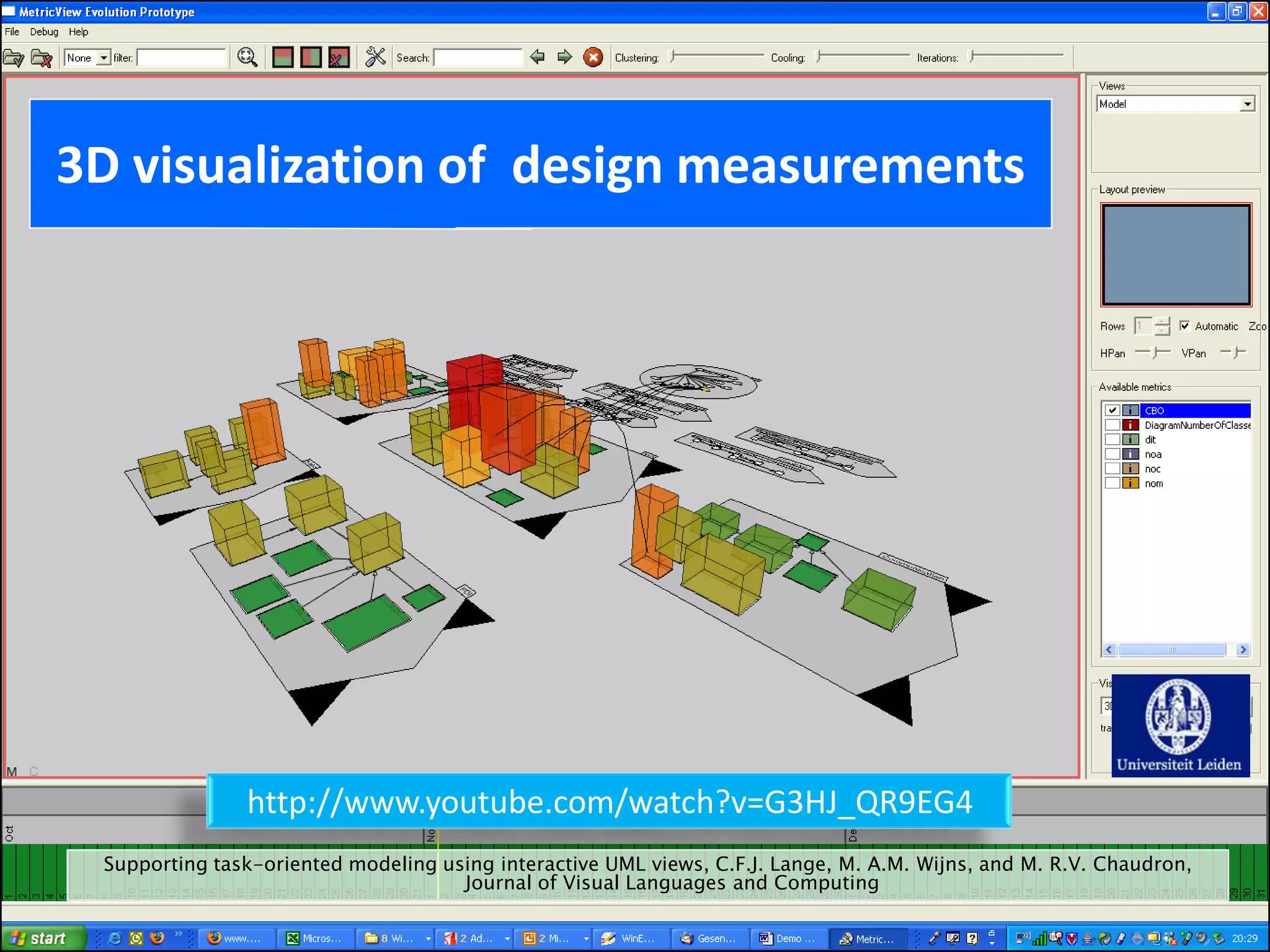 3D visualization of design measurements




               http://www.youtube.com/watch?v=G3HJ_QR9EG4
 Supporting task-oriented modeling using interactive UML views, C.F.J. Lange, M. A.M. Wijns, and M. R.V. Chaudron,
                                     Journal of Visual Languages and Computing


                                    Christian Lange.   Leiden University. The university to discover.                24
 