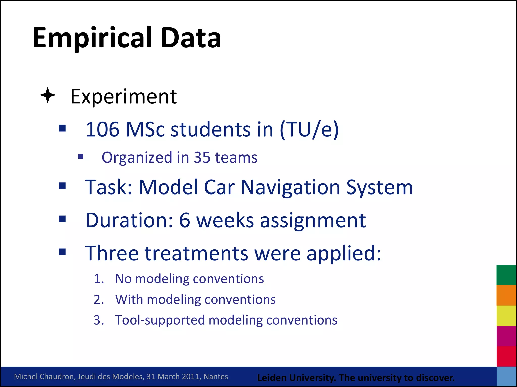Empirical Data
       Experiment
        106 MSc students in (TU/e)
                 Organized in 35 teams
            Task: Model Car Navigation System
            Duration: 6 weeks assignment
            Three treatments were applied:
                     1. No modeling conventions
                     2. With modeling conventions
                     3. Tool-supported modeling conventions


Michel Chaudron, Jeudi des Modeles, 31 March 2011, Nantes   Leiden University. The university to discover.
 