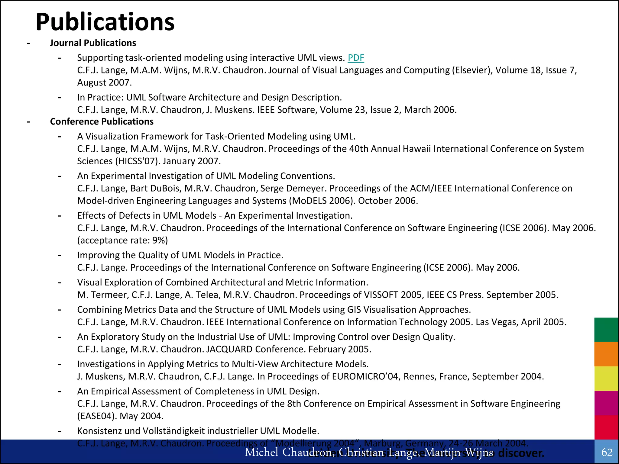 Publications
-    Journal Publications
       -   Supporting task-oriented modeling using interactive UML views. PDF
           C.F.J. Lange, M.A.M. Wijns, M.R.V. Chaudron. Journal of Visual Languages and Computing (Elsevier), Volume 18, Issue 7,
           August 2007.
       -   In Practice: UML Software Architecture and Design Description.
           C.F.J. Lange, M.R.V. Chaudron, J. Muskens. IEEE Software, Volume 23, Issue 2, March 2006.
-    Conference Publications
       -   A Visualization Framework for Task-Oriented Modeling using UML.
           C.F.J. Lange, M.A.M. Wijns, M.R.V. Chaudron. Proceedings of the 40th Annual Hawaii International Conference on System
           Sciences (HICSS'07). January 2007.
       -   An Experimental Investigation of UML Modeling Conventions.
           C.F.J. Lange, Bart DuBois, M.R.V. Chaudron, Serge Demeyer. Proceedings of the ACM/IEEE International Conference on
           Model-driven Engineering Languages and Systems (MoDELS 2006). October 2006.
       -   Effects of Defects in UML Models - An Experimental Investigation.
           C.F.J. Lange, M.R.V. Chaudron. Proceedings of the International Conference on Software Engineering (ICSE 2006). May 2006.
           (acceptance rate: 9%)
       -   Improving the Quality of UML Models in Practice.
           C.F.J. Lange. Proceedings of the International Conference on Software Engineering (ICSE 2006). May 2006.
       -   Visual Exploration of Combined Architectural and Metric Information.
           M. Termeer, C.F.J. Lange, A. Telea, M.R.V. Chaudron. Proceedings of VISSOFT 2005, IEEE CS Press. September 2005.
       -   Combining Metrics Data and the Structure of UML Models using GIS Visualisation Approaches.
           C.F.J. Lange, M.R.V. Chaudron. IEEE International Conference on Information Technology 2005. Las Vegas, April 2005.
       -   An Exploratory Study on the Industrial Use of UML: Improving Control over Design Quality.
           C.F.J. Lange, M.R.V. Chaudron. JACQUARD Conference. February 2005.
       -   Investigations in Applying Metrics to Multi-View Architecture Models.
           J. Muskens, M.R.V. Chaudron, C.F.J. Lange. In Proceedings of EUROMICRO’04, Rennes, France, September 2004.
       -   An Empirical Assessment of Completeness in UML Design.
           C.F.J. Lange, M.R.V. Chaudron. Proceedings of the 8th Conference on Empirical Assessment in Software Engineering
           (EASE04). May 2004.
       -   Konsistenz und Vollständigkeit industrieller UML Modelle.
           C.F.J. Lange, M.R.V. Chaudron. Proceedings of “Modellierung 2004“, Marburg, Germany, 24-26 March 2004.
                                                  Michel Chaudron, Christian Lange, Martijn Wijns discover.
                                                             Leiden University. The university to                                      62
 